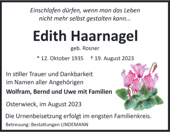 Traueranzeige von Edith Haarnagel von Volksstimme Halberstadt