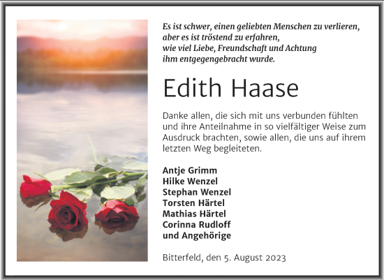 Traueranzeige von Edith Haase von Trauerkombi Bitterfeld