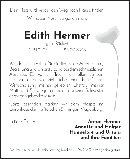 Traueranzeige von Edith Hermer von Volksstimme Magdeburg