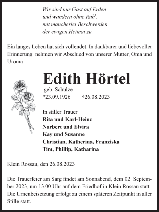 Traueranzeige von Edith Hörtel von Volksstimme Altmark Ost