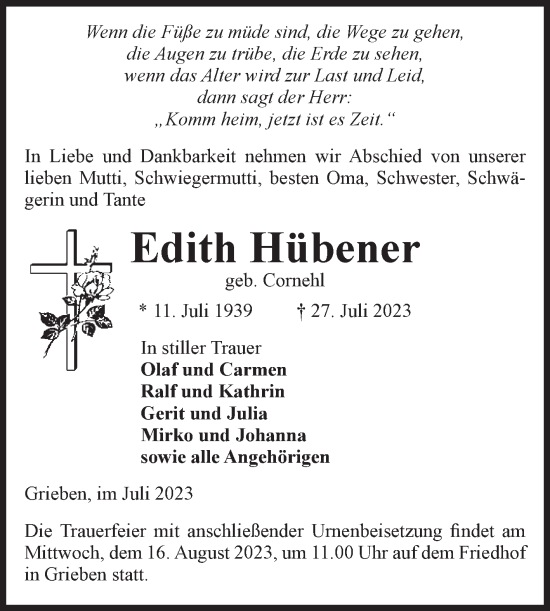Traueranzeige von Edith Hübener von Volksstimme Altmark Ost