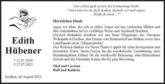 Traueranzeige von Edith Hübener von Volksstimme Altmark Ost