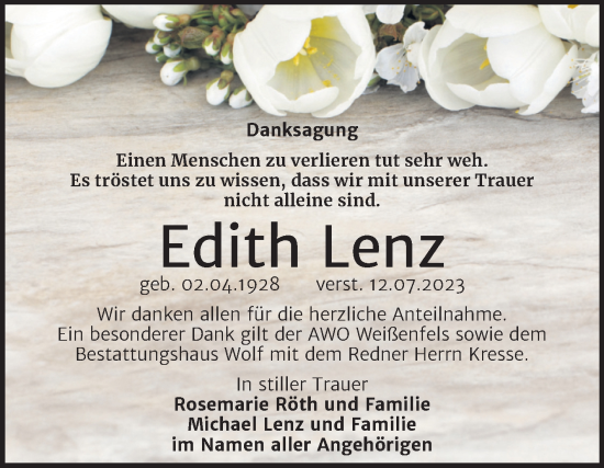 Traueranzeige von Edith Lenz von Trauerkombi Weißenfels