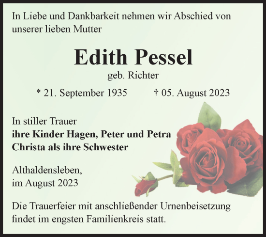Traueranzeige von Edith Pessel von Volksstimme Haldensleben/Wolmirstedt