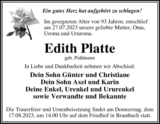 Traueranzeige von Edith Platte von Trauerkombi Dessau