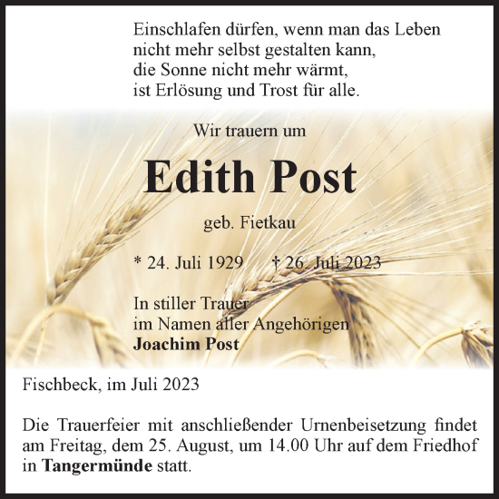Traueranzeige von Edith Post von Volksstimme Altmark Ost