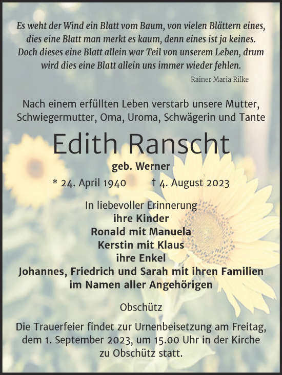Traueranzeige von Edith Ranscht von Trauerkombi Weißenfels