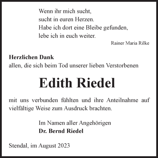 Traueranzeige von Edith Riedel von Volksstimme Altmark Ost