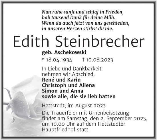 Traueranzeige von Edith Steinbrecher von Mitteldeutsche Zeitung Mansfelder Land