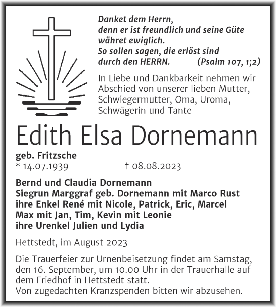 Traueranzeige von Edith Elsa Dornemann von Trauerkombi Mansfelder Land
