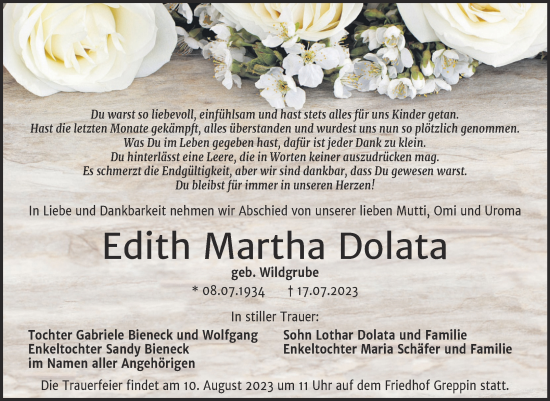 Traueranzeige von Edith Martha Dolata von Trauerkombi Bitterfeld