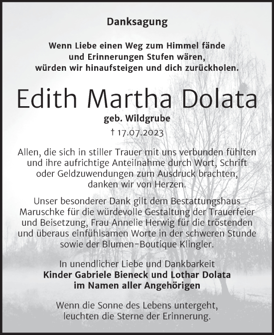 Traueranzeige von Edith Martha Dolata von Trauerkombi Bitterfeld