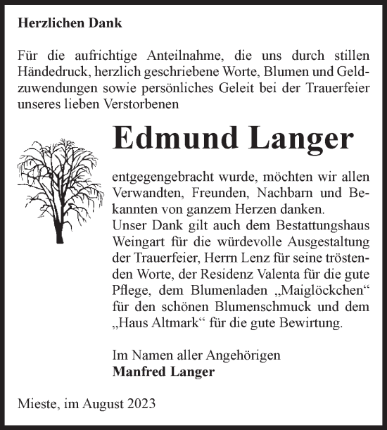Traueranzeige von Edmund Langer von Volksstimme Altmark West