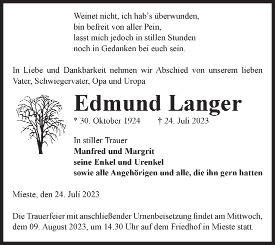 Traueranzeige von Edmund Langer von Volksstimme Altmark West