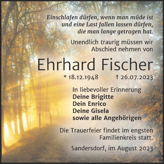 Traueranzeige von Ehrhard Fischer von Trauerkombi Bitterfeld