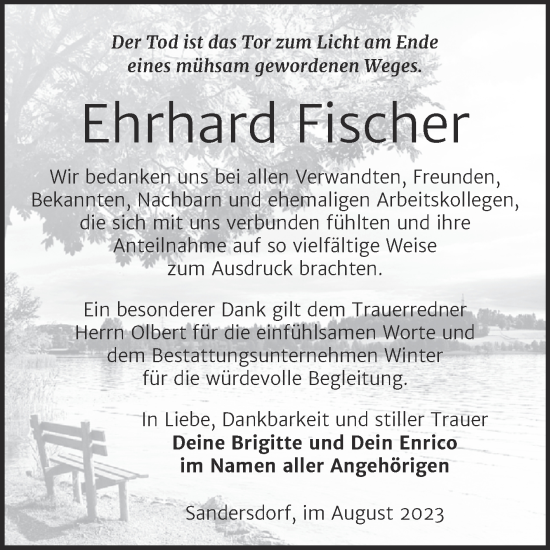 Traueranzeige von Ehrhard Fischer von Trauerkombi Bitterfeld