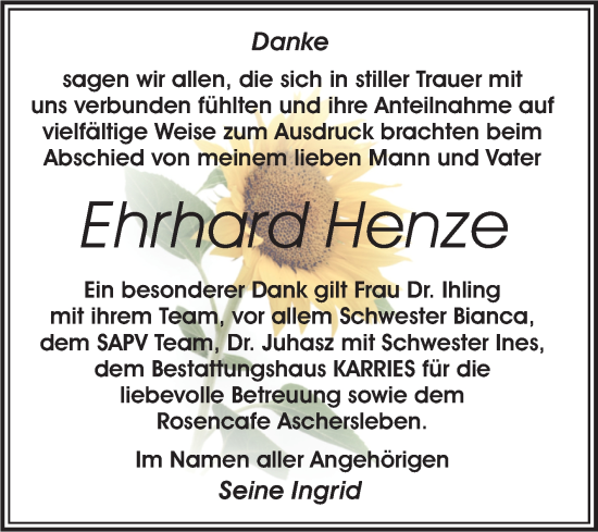 Traueranzeige von Ehrhard Henze von Trauerkombi Aschersleben
