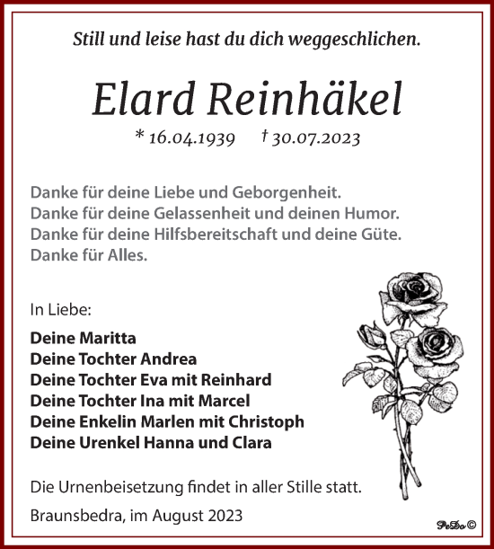 Traueranzeige von Elard Reinhäkel von Trauerkombi Weißenfels