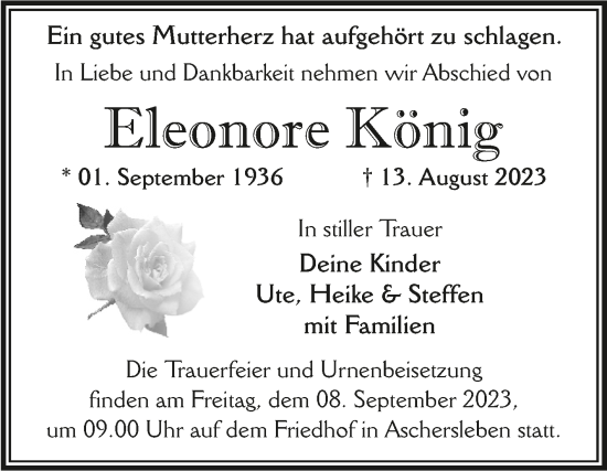 Traueranzeige von Eleonore König von Trauerkombi Aschersleben