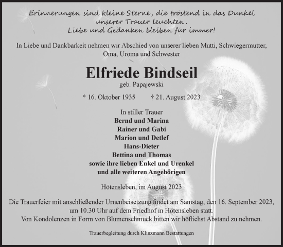 Traueranzeige von Elfriede Bindseil von Volksstimme Oschersleben/Wanzleben