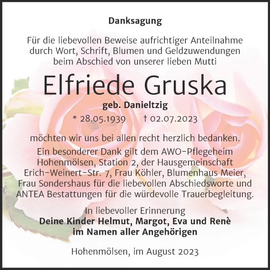 Traueranzeige von Elfriede Gruska von Trauerkombi Weißenfels