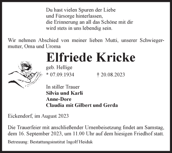 Traueranzeige von Elfriede Kricke von Volksstimme Schönebeck