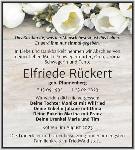 Traueranzeige von Elfriede Rückert von Trauerkombi Köthen