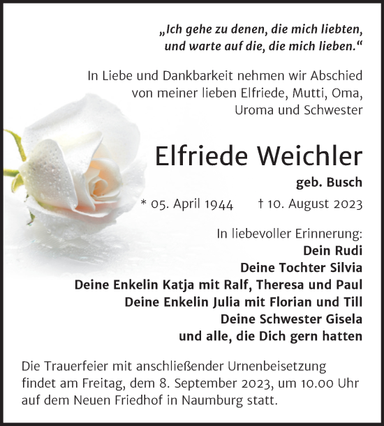 Traueranzeige von Elfriede Weichler von Wochenspiegel Naumburg/Nebra