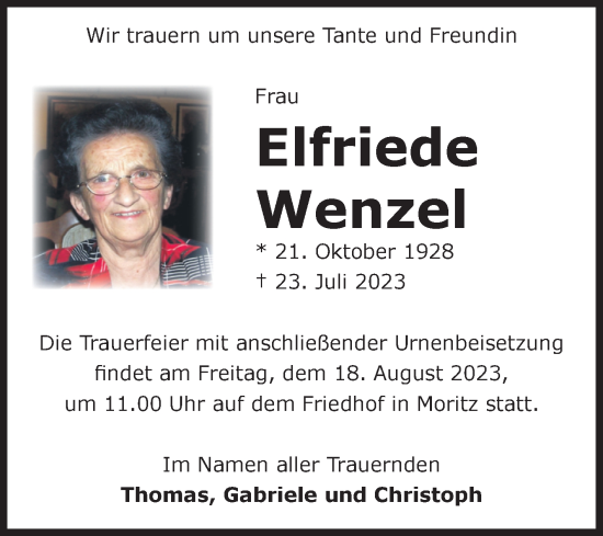 Traueranzeige von Elfriede Wenzel von Volksstimme Zerbst