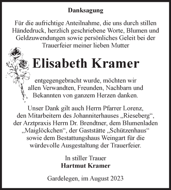 Traueranzeige von Elisabeth Kramer von Volksstimme Altmark West