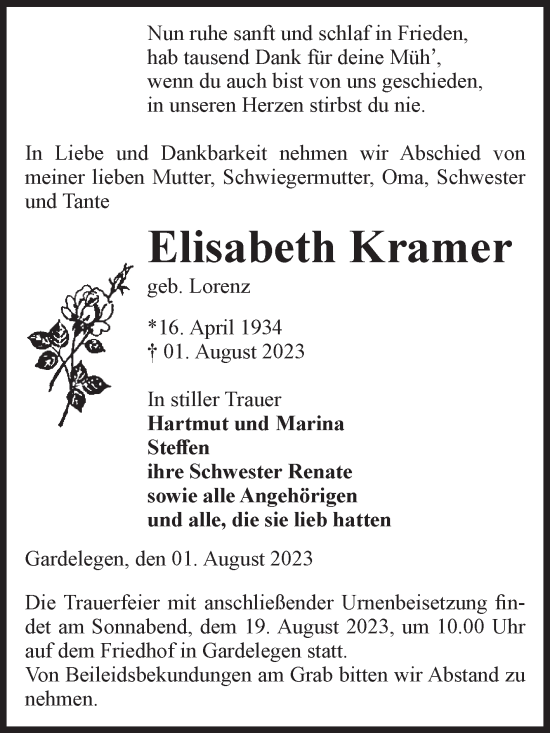 Traueranzeige von Elisabeth Kramer von Volksstimme Altmark West