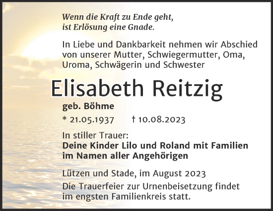 Traueranzeige von Elisabeth Reitzig von Trauerkombi Merseburg