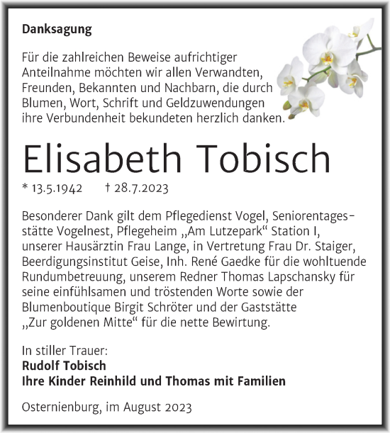 Traueranzeige von Elisabeth Tobisch von Trauerkombi Köthen
