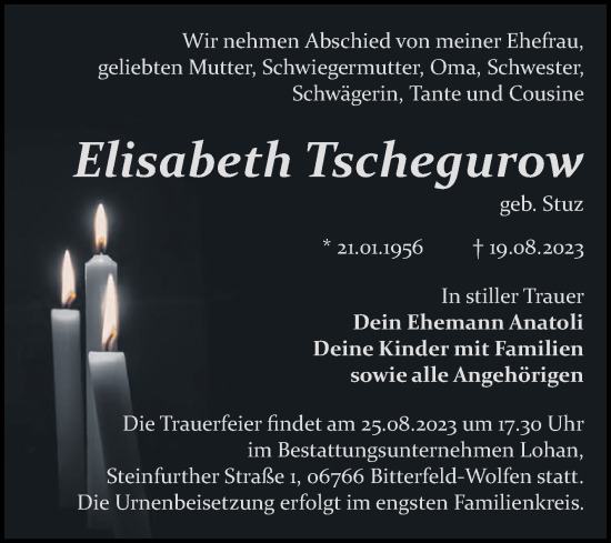 Traueranzeige von Elisabeth Tschegurow von Mitteldeutsche Zeitung Bitterfeld