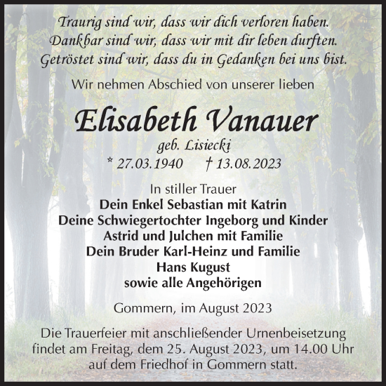 Traueranzeige von Elisabeth Vanauer von Volksstimme Burg/Genthin