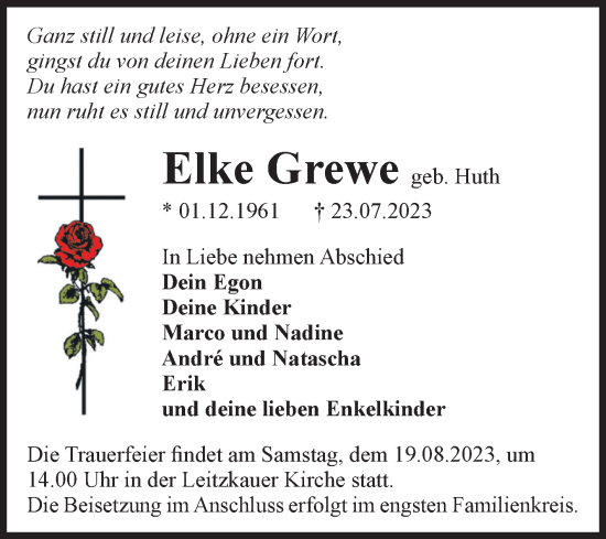 Traueranzeige von Elke Grewe von Volksstimme Zerbst