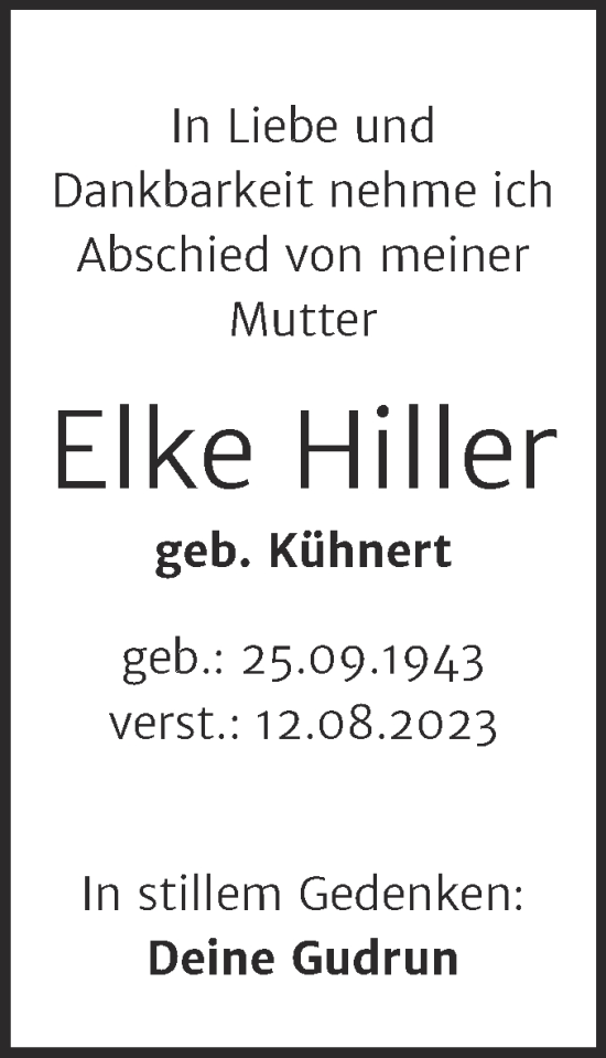 Traueranzeige von Elke Hiller von Mitteldeutsche Zeitung Halle/Saalkreis