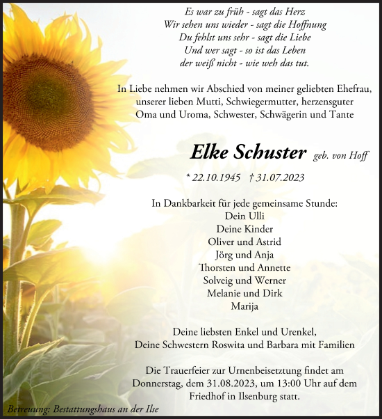 Traueranzeige von Elke Schuster von Volksstimme Wernigerode