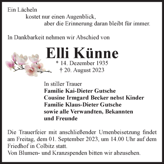 Traueranzeige von Elli Künne von Volksstimme Haldensleben/Wolmirstedt
