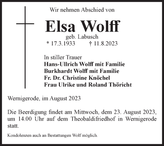 Traueranzeige von Elsa Wolff von Volksstimme Wernigerode
