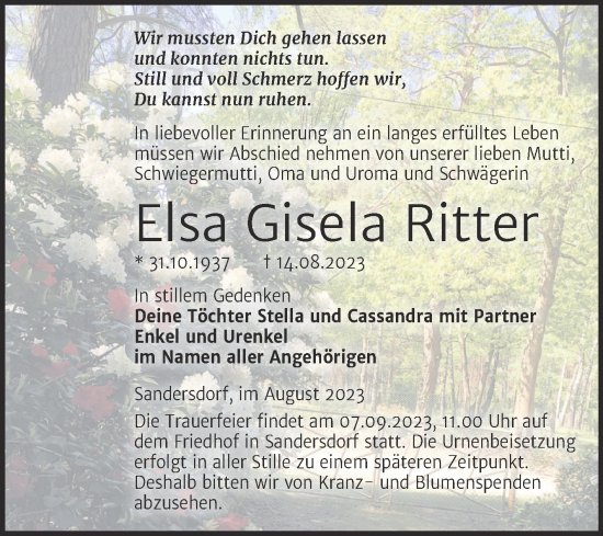 Traueranzeige von Elsa Gisela Ritter von Trauerkombi Bitterfeld