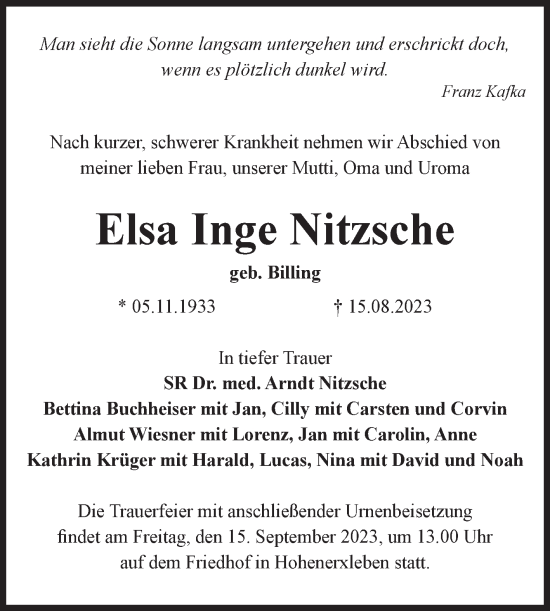 Traueranzeige von Elsa Inge Nitzsche von Volksstimme Staßfurt