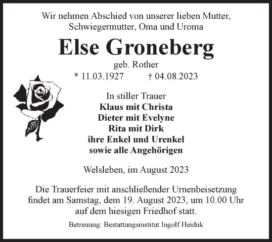 Traueranzeige von Else Groneberg von Volksstimme Schönebeck