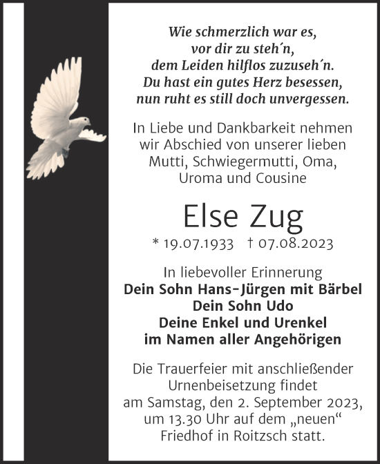 Traueranzeige von Else Zug von Trauerkombi Bitterfeld
