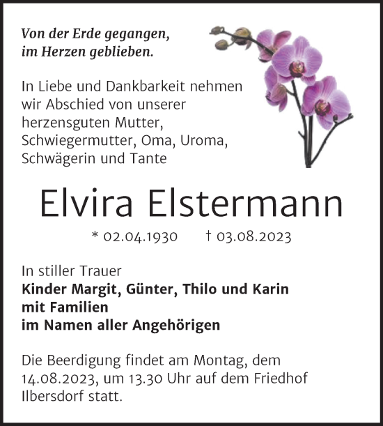 Traueranzeige von Elvira Elstermann von Trauerkombi Bernburg