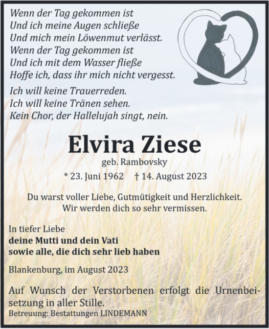 Traueranzeige von Elvira Ziese von Volksstimme Wernigerode
