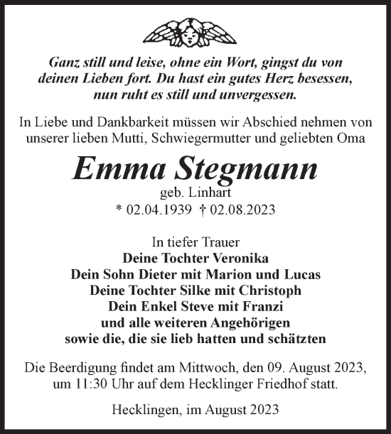 Traueranzeige von Emma Stegmann von Volksstimme Staßfurt