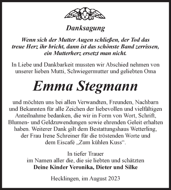 Traueranzeige von Emma Stegmann von Volksstimme Staßfurt