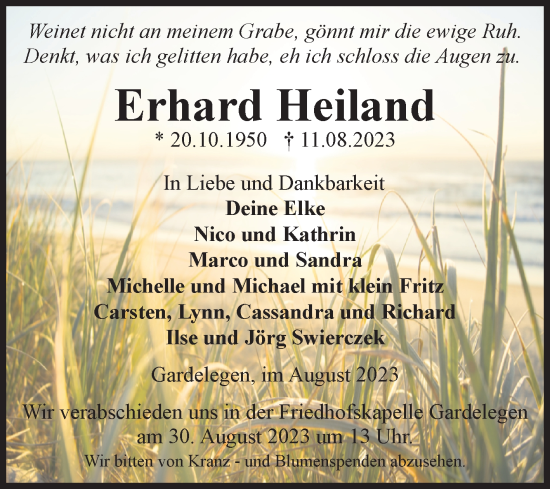 Traueranzeige von Erhard Heiland von Volksstimme Altmark Ost