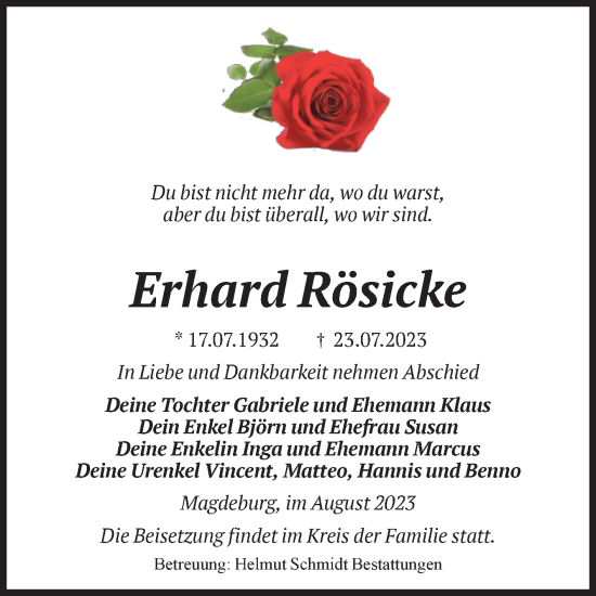 Traueranzeige von Erhard Rösicke von Volksstimme Magdeburg